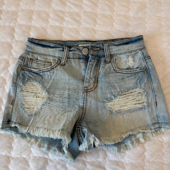 MUDD  Denim Jean Shorts Light Blue Cut Off Lace Trim Distress - Picture 1 of 3